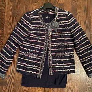 J crew navy tweed jacket with bow detail.